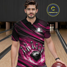 Load image into Gallery viewer, Custom Pink Fire Flame Bowling Team Men Polo Shirt, Bowling League Shirt IPHW11189