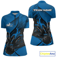 Load image into Gallery viewer, Custom Blue Flame Bowling Team Women Quarter-Zip Shirt, Bowling League Bowler Outfits IPHW11191