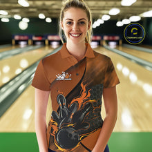Load image into Gallery viewer, Custom Orange Flame Bowling Team Women Polo Shirt, Bowling League Shirt Bowler Outfits IPHW11192