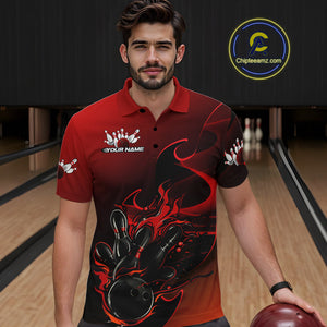 Custom Black And Red Flame Bowling Team Men Polo Shirt, Bowling Tournament Shirt IPHW9868