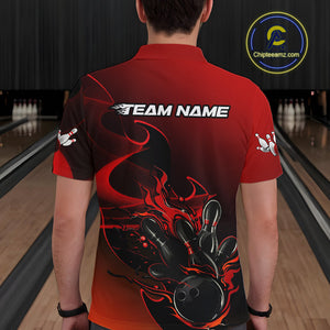 Custom Black And Red Flame Bowling Team Men Polo Shirt, Bowling Tournament Shirt IPHW9868