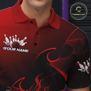 Custom Black And Red Flame Bowling Team Men Polo Shirt, Bowling Tournament Shirt IPHW9868
