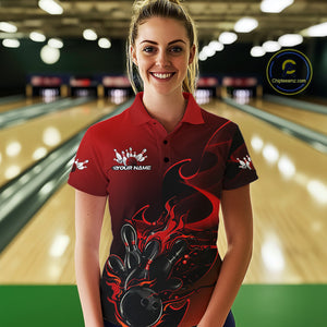 Custom Black And Red Flame Bowling Team Women Polo Shirt, Bowling Tournament Shirt IPHW9868