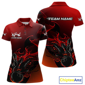 Custom Black And Red Flame Bowling Team Women Polo Shirt, Bowling Tournament Shirt IPHW9868