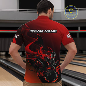 Custom Black And Red Flame Bowling Team Men Quarter-Zip Shirt, Bowling Tournament Shirt IPHW9868