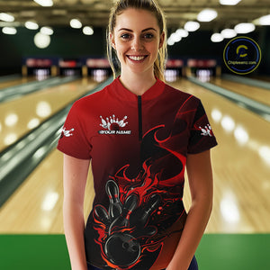 Custom Black And Red Flame Bowling Team Women Quarter-Zip Shirt, Bowling Tournament Shirt IPHW9868