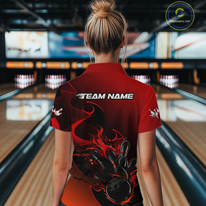 Custom Black And Red Flame Bowling Team Women Quarter-Zip Shirt, Bowling Tournament Shirt IPHW9868