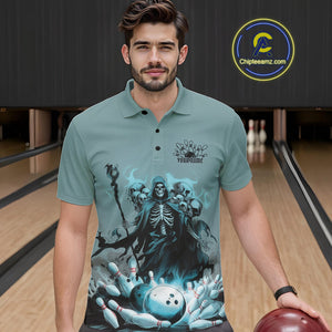 Custom Blue Flame Grim Reaper Bowling Men Polo Shirts, Piles Of Skull Halloween Outfit IPHW9897