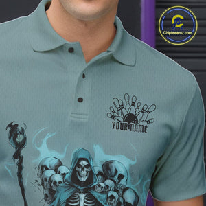 Custom Blue Flame Grim Reaper Bowling Men Polo Shirts, Piles Of Skull Halloween Outfit IPHW9897