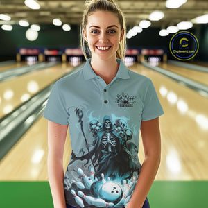Custom Blue Flame Grim Reaper Bowling Women Polo Shirts, Piles Of Skull Halloween Outfit IPHW9897