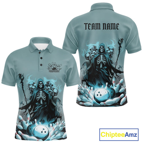 Custom Blue Flame Grim Reaper Bowling Men Polo Shirts, Piles Of Skull Halloween Outfit IPHW9897