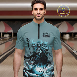 Custom Blue Flame Grim Reaper Bowling Men Quarter-Zip Shirts, Piles Of Skull Halloween Outfit IPHW9897