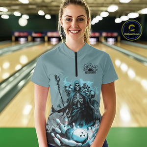 Custom Blue Flame Grim Reaper Bowling Women Quarter-Zip Shirts, Skull Halloween Outfit IPHW9897