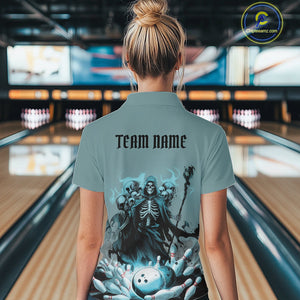 Custom Blue Flame Grim Reaper Bowling Women Quarter-Zip Shirts, Skull Halloween Outfit IPHW9897