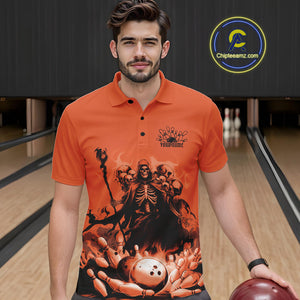 Custom Orange Flame Grim Reaper Bowling Men Polo Shirts, Piles Of Skull Halloween Outfit IPHW9898