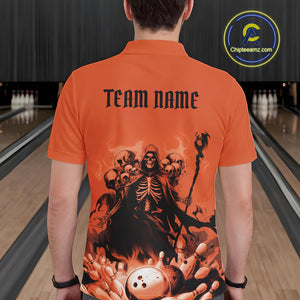 Custom Orange Flame Grim Reaper Bowling Men Polo Shirts, Piles Of Skull Halloween Outfit IPHW9898