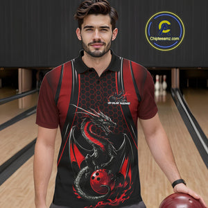 Custom Black And Red Flame Dragon Bowling Jerseys, Dragon Bowling Team Men Polo Shirt IPHW9905