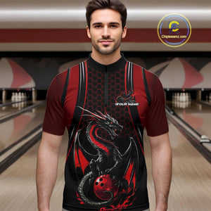 Custom Black And Red Flame Dragon Bowling Jerseys, Dragon Bowling Team Men Quarter-Zip Shirt IPHW9905