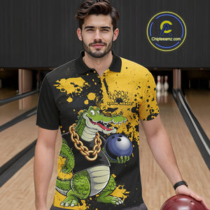 Custom Yellow Splatter Funny Alligator Bowling Men Polo Shirts, Bowling Team Shirts IPHW9920