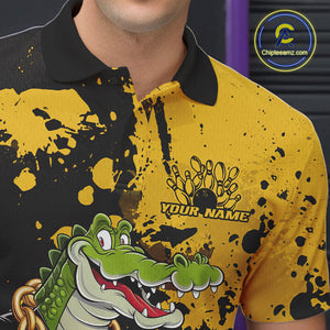 Custom Yellow Splatter Funny Alligator Bowling Men Polo Shirts, Bowling Team Shirts IPHW9920