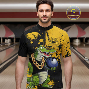Custom Yellow Splatter Funny Alligator Bowling Men Quarter-Zip Shirts, Bowling Team Shirts IPHW9920