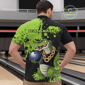 Custom Green Splatter Funny Alligator Bowling Men Quarter-Zip Shirts, Bowling Team Shirts IPHW9921