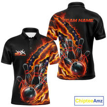 Load image into Gallery viewer, Custom Patriotic Flame Men Bowling Team Shirt, US Flag Bowling League Team Shirt IPHW10193