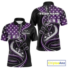 Load image into Gallery viewer, Customizable purple and black stars and stripes patriotic cobra snake men's dart polo shirt featuring a personalized "TEAM NAME" text template on the back.