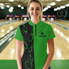 Load image into Gallery viewer, Green and Black retro vintage Bowling polo, quarter zip shirts for Women custom Bowling team jerseys NQS11564