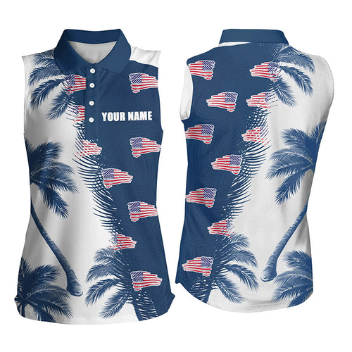 Blue white palm tree pattern American flag Womens sleeveless polo shirt personalized golf outfit women NQS5954