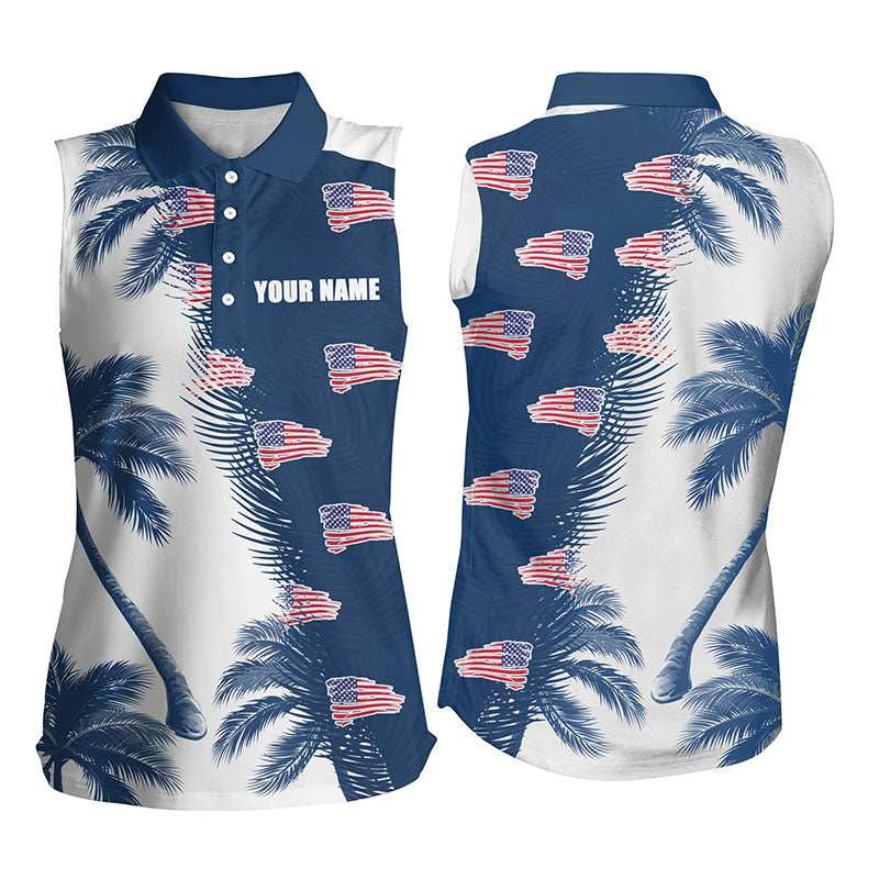 Blue white palm tree pattern American flag Womens sleeveless polo shirt personalized golf outfit women NQS5954