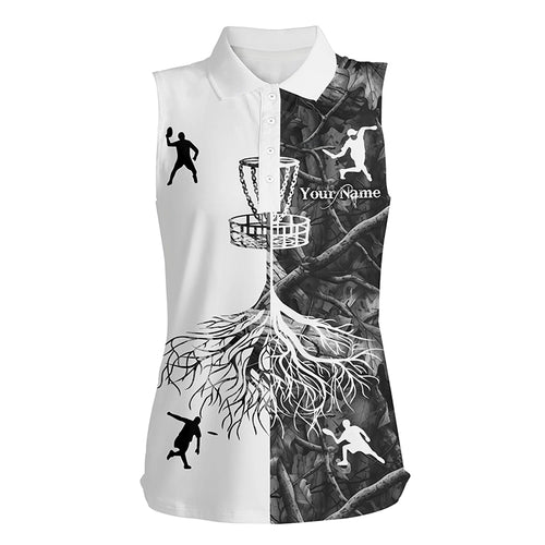 Womens sleeveless disc golf polo shirts gray camo custom name disc golf team shirt, disc golf gifts NQS6897