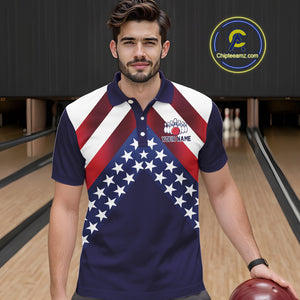Red, White & Blue American Flag Mens Bowling Polo, 1/4 Zip Shirt Custom Patriotic Team Bowling Jersey NQS10226