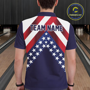Red, White & Blue American Flag Mens Bowling Polo, 1/4 Zip Shirt Custom Patriotic Team Bowling Jersey NQS10226