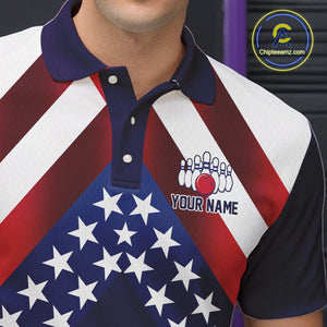 Red, White & Blue American Flag Mens Bowling Polo, 1/4 Zip Shirt Custom Patriotic Team Bowling Jersey NQS10226