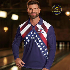 Red, White & Blue American Flag Mens Bowling Polo, 1/4 Zip Shirt Custom Patriotic Team Bowling Jersey NQS10226