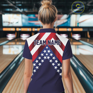 Red, White & Blue American Flag Women Bowling Shirts Custom Patriotic Team Bowling Jersey NQS10226