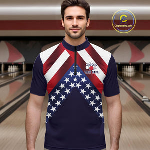 Red, White & Blue American Flag Mens Bowling Polo, 1/4 Zip Shirt Custom Patriotic Team Bowling Jersey NQS10226