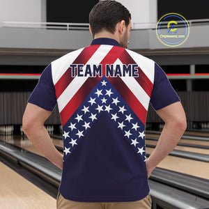 Red, White & Blue American Flag Mens Bowling Polo, 1/4 Zip Shirt Custom Patriotic Team Bowling Jersey NQS10226
