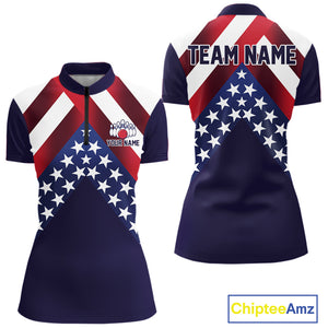 Red, White & Blue American Flag Women Bowling Shirts Custom Patriotic Team Bowling Jersey NQS10226