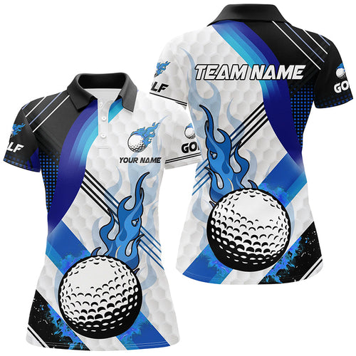 Blue Flame white Golf ball pattern Womens golf polo shirts Custom Ladies Golf Top, best golf gifts NQS8197