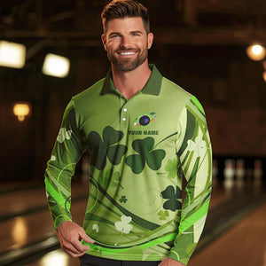 Green shamrock Lucky Men Bowling Polo, Quarter Zip Shirts Custom St Patrick Day Team bowling Shirts NQS9328