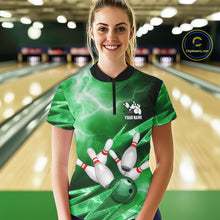 Load image into Gallery viewer, Green Storm Lightning Thunder Bowling Polo, Quarter Zip Shirt For Women Custom Bowling Team Jersey NQS11719