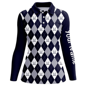 Navy blue argyle plaid pattern Womens golf polos shirts custom golf shirts for women, ladies golf polo NQS7423