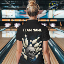 Load image into Gallery viewer, Black and Blue Skull Bowling Ball and Pins Bowling Shirts For Women Custom skull team bowling jerseys NQS9850