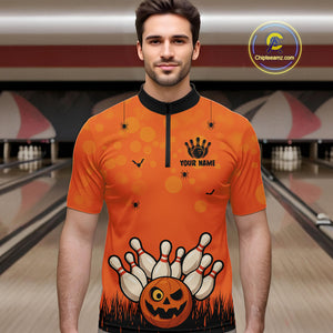Custom Funny orange Bowling Team Shirt Halloween Polo & Quarter-Zip Bowling Jersey for Men NQS10396