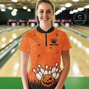 Custom Funny orange Bowling Team Shirt Halloween Polo & Quarter-Zip Bowling Jersey for Women NQS10396