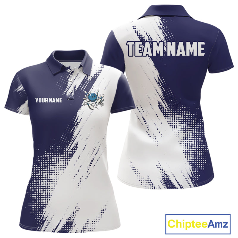 Custom Blue and White Strike Bowling Shirts Women Polo, 1/4 Zip Bowling Team Jerseys Bowling League NQS10826