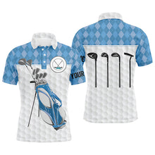 Load image into Gallery viewer, Golf bag clubs custom polo golf shirt for men, blue argyle pattern mens golf tops NQS4652