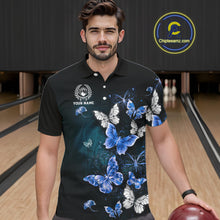 Load image into Gallery viewer, Custom Blue Butterfly Bowling Polo Shirt, 1/4 zip jersey For Men, Bowling Team Shirt With Butterflies NQS11612